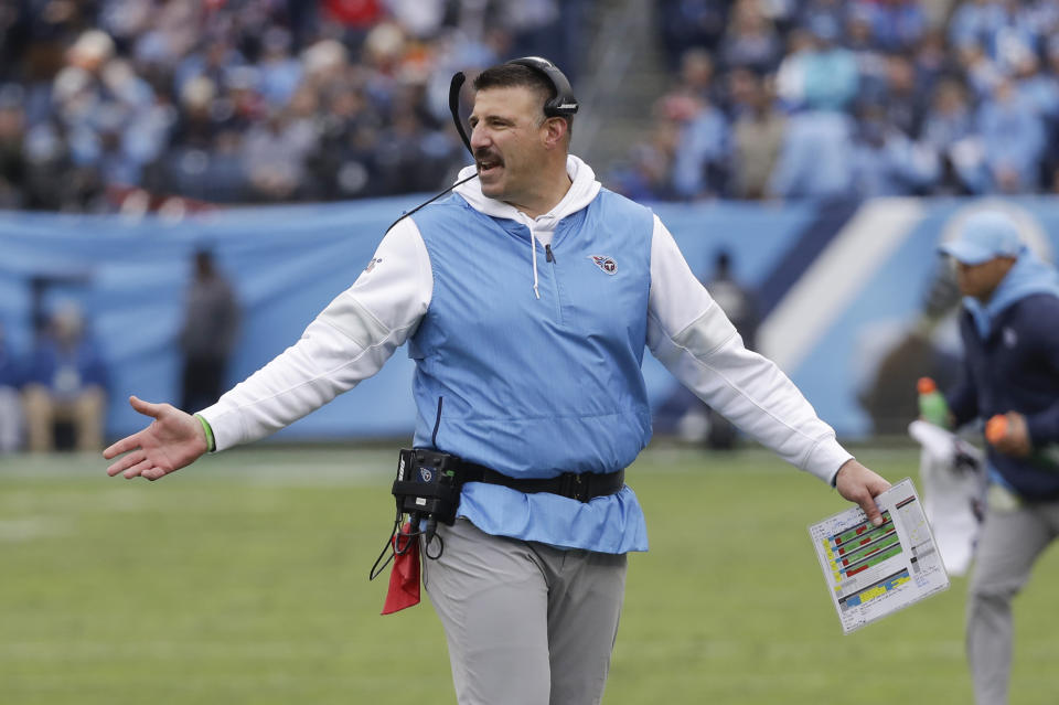 Tennessee Titans head coach Mike Vrabel watches from the sideline in the second half of an NFL football game against the Houston Texans Sunday, Dec. 15, 2019, in Nashville, Tenn. (AP Photo/James Kenney)