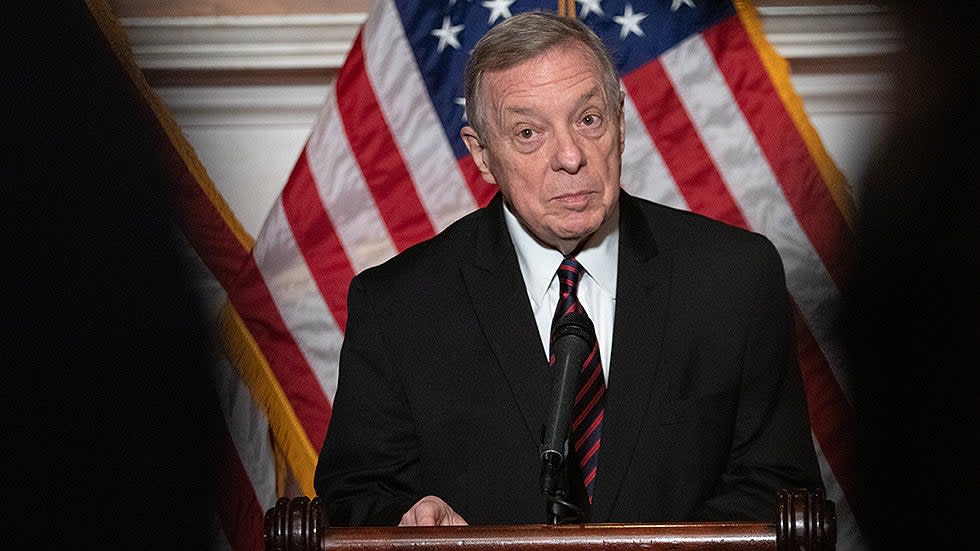Richard Durbin (D-Ill.) speaks during a press conference following the U.S. Senate approval of the Ending Forced Arbitration of Sexual Assault and Sexual Harassment Act in Washington, D.C. on Thursday, February 10, 2022.
