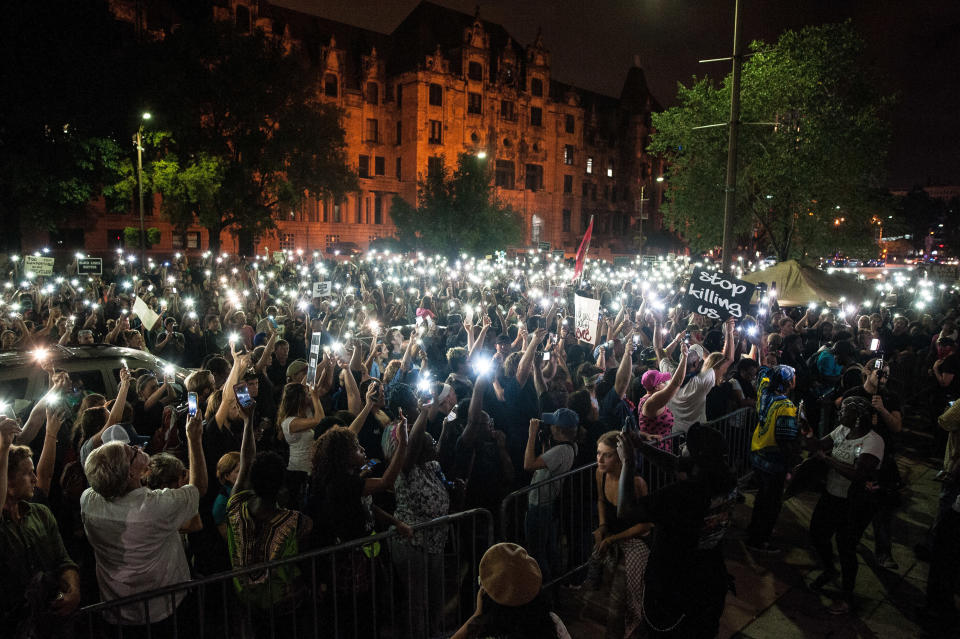 Protesters gather on Monday outside the St. Louis City Justice Center, where demonstrators arrested the prior night were still being held. (Photo: Joseph Rushmore for HuffPost)