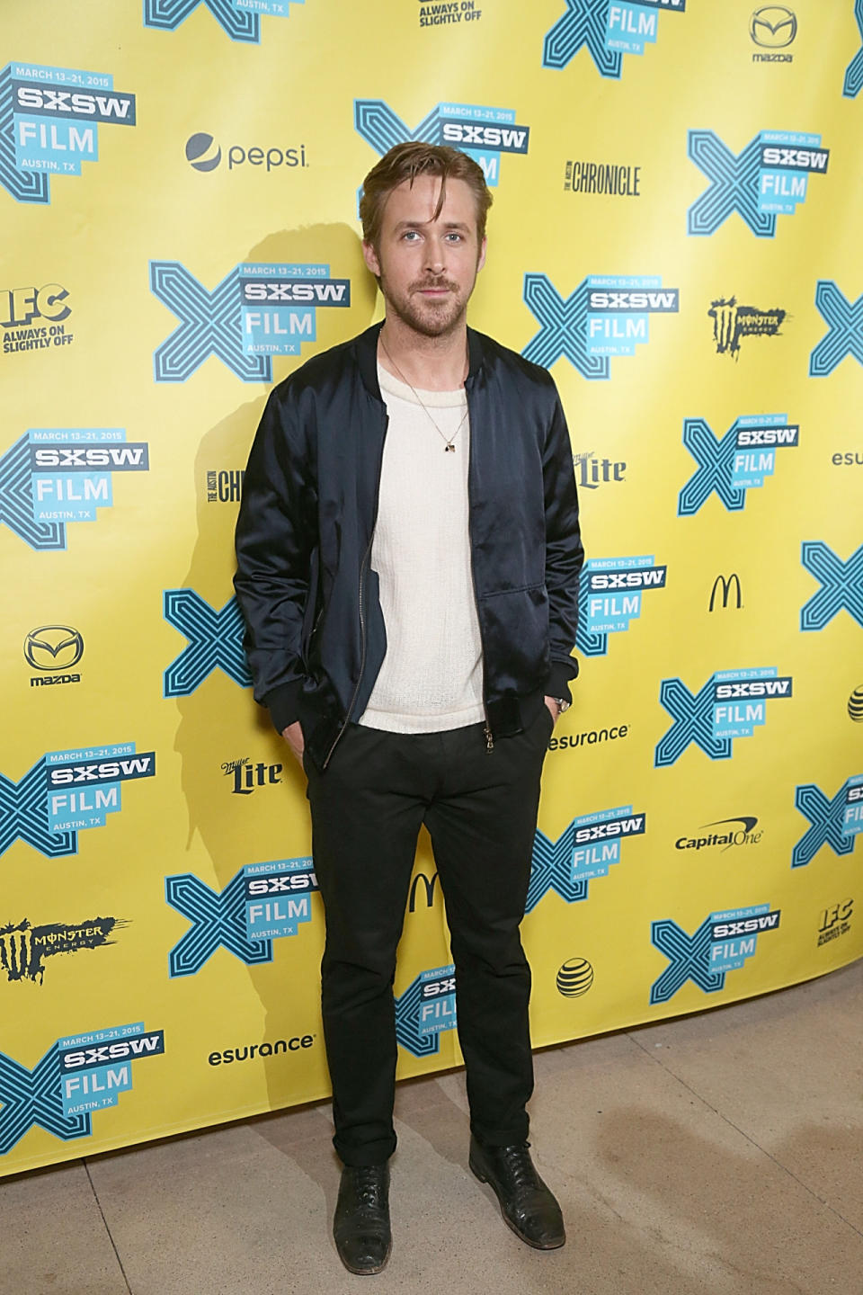 Making his directorial debut for his new film “Lost River,” Gosling couldn’t shake his leading man looks in a satin bomber jacket, white T-shirt, and black pants.