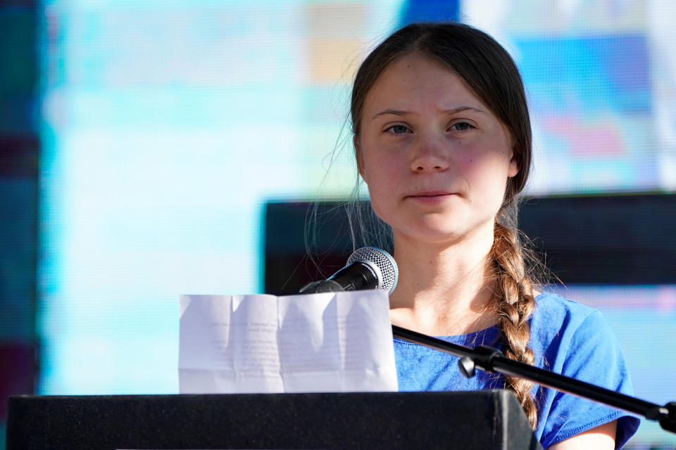 Swedish teen climate activist Greta Thunberg looks on during a march and rally at the Youth Climate Strike in Los Angeles, California, U.S., November 1, 2019. REUTERS/Mike Blake??