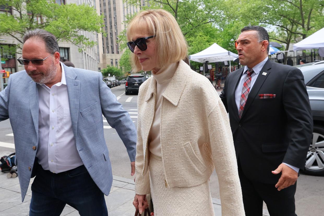 Magazine Columnist E. Jean Carroll arrives for the third day of her civil trial against former President Donald Trump at Manhattan Federal Court on April 27, 2023 in New York City (Getty Images)