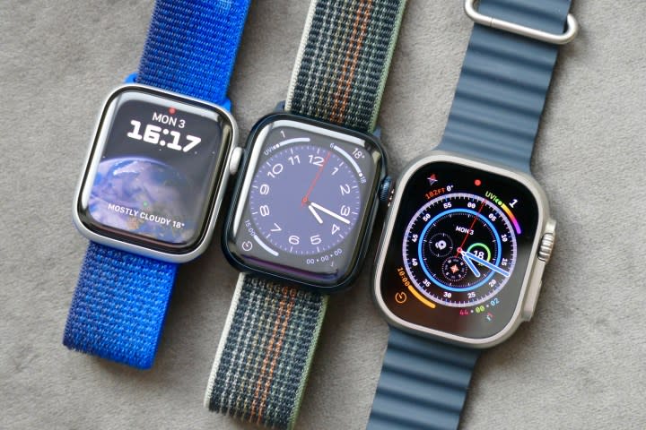 The Apple Watch Ultra with the Apple Watch Series 8 and Watch SE 2.