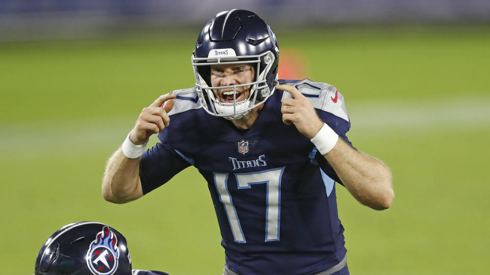 Tennessee Titans quarterback Ryan Tannehill plays against the Buffalo Bills in the second half of an NFL football game Tuesday, Oct. 13, 2020, in Nashville, Tenn. (AP Photo/Wade Payne)