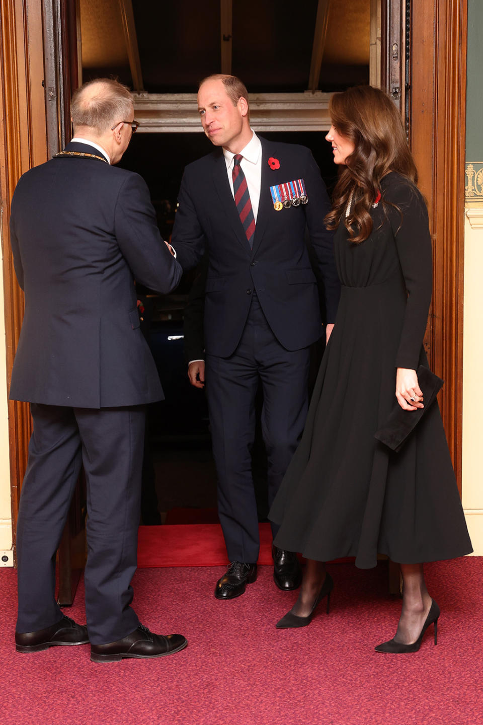 Kate Middleton, Prince William, suede pumps, black dress.