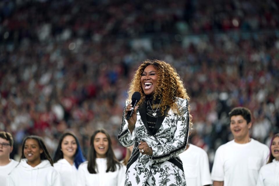 Yolanda Adams performs "America the Beautiful" during before the NFL Super Bowl 54 football game between the San Francisco 49ers and the Kansas City Chiefs Sunday, Feb. 2, 2020, in Miami Gardens, Fla. (AP Photo/David J. Phillip)