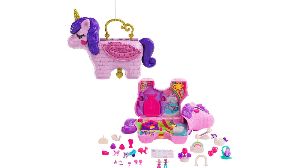 Polly Pocket Unicorn Party Large Compact Playset with Micro Polly & Lila Dolls, 25+ Surprises to Discover & Fun Princess Party Play Areas: Bouncy House, Castle, Swings, Water Floatie & More, Multicolour. (Photo: Amazon SG)