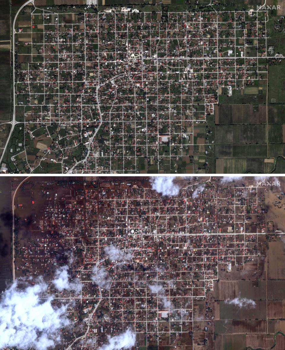 This combination of satellite images from Maxar Technologies compares a view on Sept. 16, 2022, of the village of Palamas in the central region of Thessaly, Greece and on Sept. 9, 2023 after it was flooded following torrential rain earlier in the week. (Satellite image ©2023 Maxar Technologies via AP)