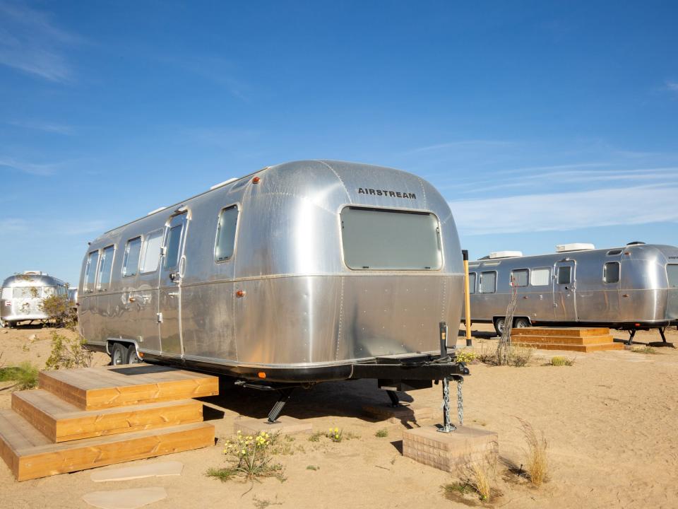 A row of Airstream trailers at Autocamp's Joshua Tree location.