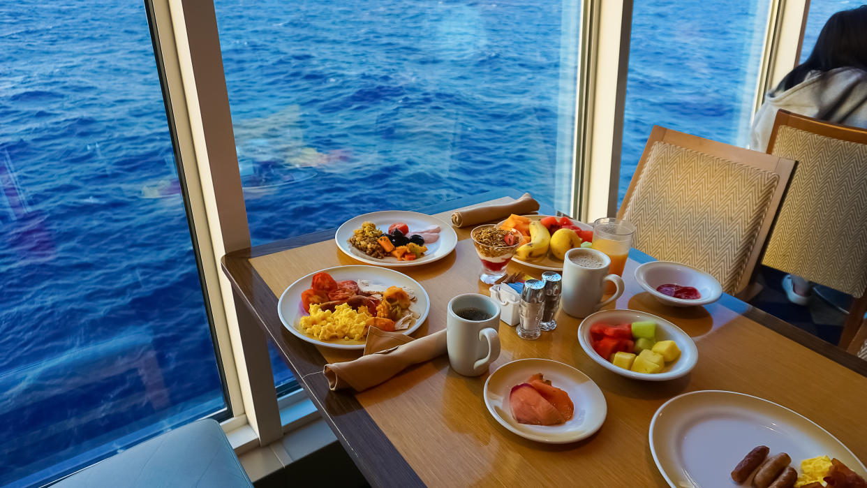 Dining Room Buffet aboard the abstract luxury cruise ship. Healthy breakfast at modern liner concept