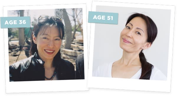 Takastu just after the crash at the age of 36 on left, and after years of Face Yoga practice, on right, at 51 years old. (Photo: Fumiko Takastu)