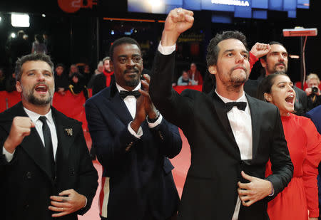 Director and screenwriter Wagner Moura and actors Bella Camero, Seu Jorge and Bruno Gagliasso arrive for the screening of the movie "Marighella" at the 69th Berlinale International Film Festival in Berlin, Germany, February 15, 2019. REUTERS/Hannibal Hanschke