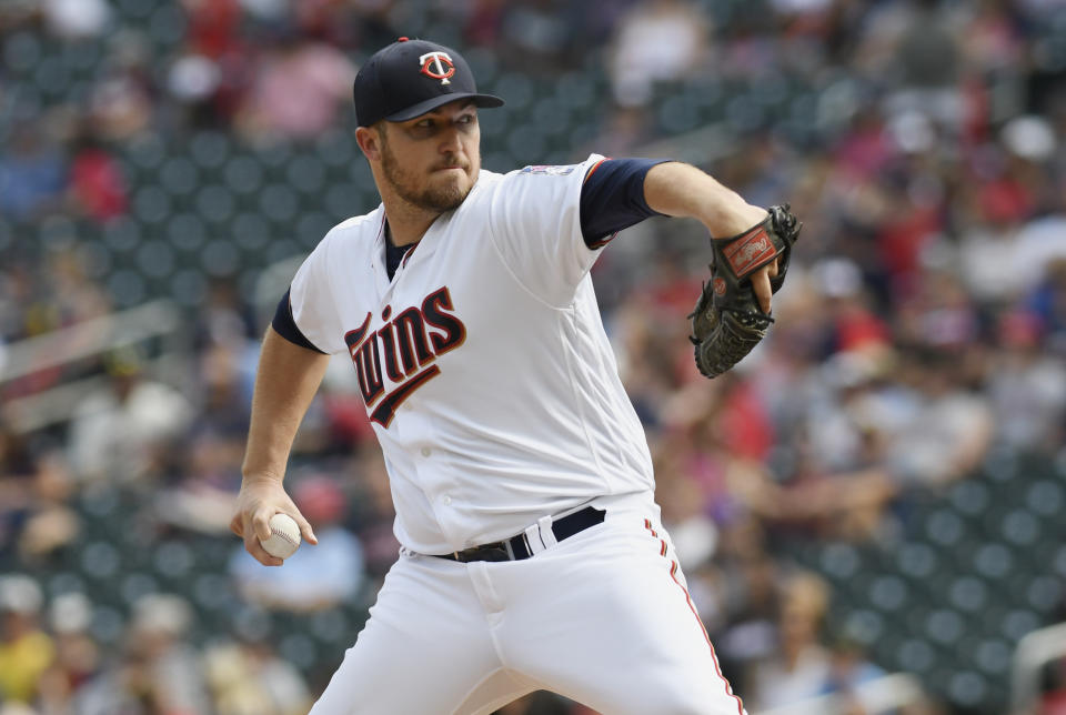 Minnesota Twins' Phil Hughes in a baseball game against the Minnesota Twins Sunday, July 9, 2017, in Minneapolis. The Orioles won 11-5. (AP Photo/Tom Olmscheid)