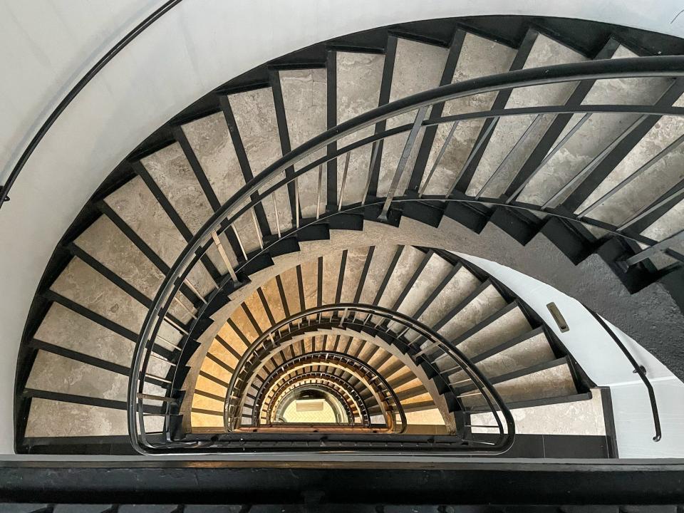 The winding staircase in the hostel's building.