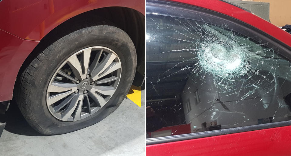 The tyres were slashed and the windows took a hit too. Source: Victoria Police