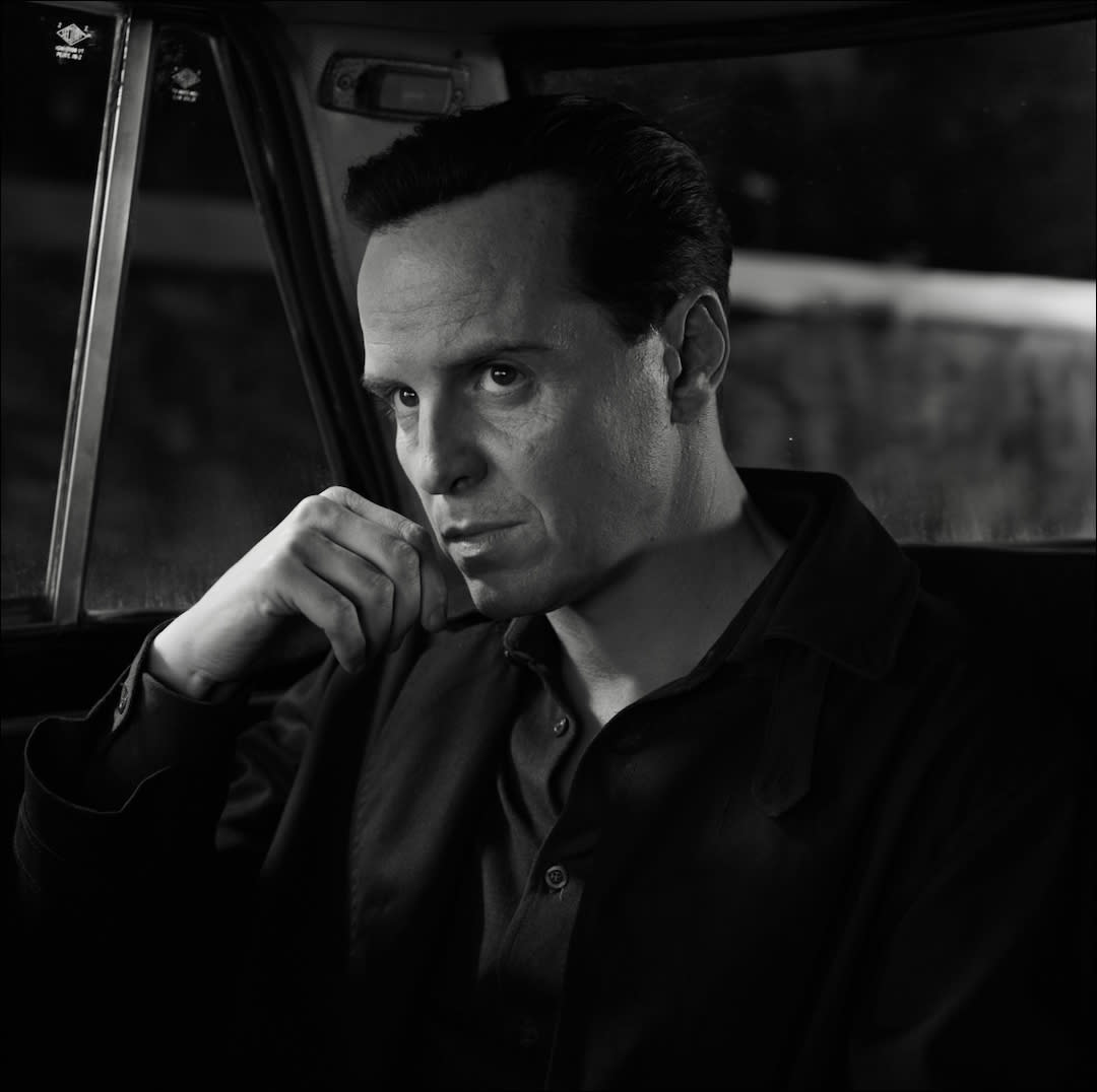  Black and white photo of andrew scott in ripley netflix limited series. 