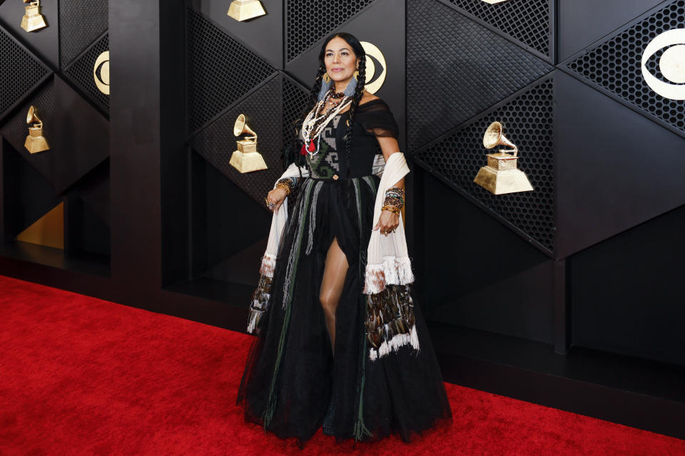 Los Angeles, CA - February 04: Lila Downs arrives on the Red Carpet at the Crypto.com Arena  in Los Angeles, CA, Sunday, Feb. 4, 2024. (Allen J. Schaben / Los Angeles Times via Getty Images)