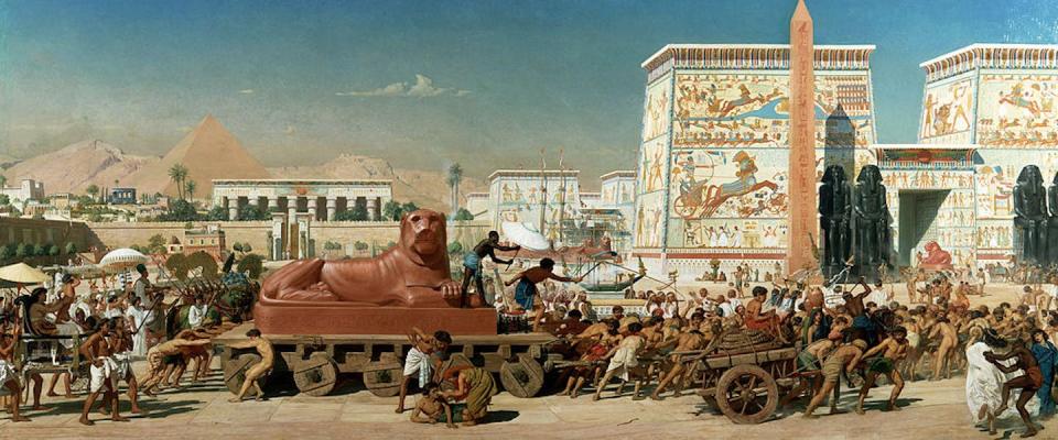 ‘Israel in Egypt’ (1867), by Edward John Poynter, imagines a biblical scene of Israelite slaves constructing cities in Egypt. <a href="https://www.gettyimages.com/detail/news-photo/israel-in-egypt-1867-dramatic-scene-set-in-ancient-egypt-news-photo/464477583?adppopup=true" rel="nofollow noopener" target="_blank" data-ylk="slk:Photo by Guildhall Library & Art Gallery/Heritage Images/Hulton Archive via Getty Images;elm:context_link;itc:0;sec:content-canvas" class="link ">Photo by Guildhall Library & Art Gallery/Heritage Images/Hulton Archive via Getty Images</a>