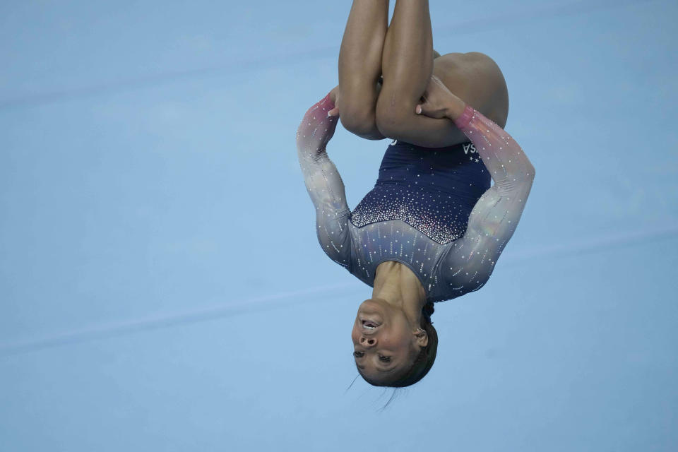 Kaliya Lincoln of the United States competes on the floor exercise during the women's team artistic gymnastics final round at the Pan American Games in Santiago, Chile, Sunday, Oct. 22, 2023. (AP Photo/Martin Mejia)