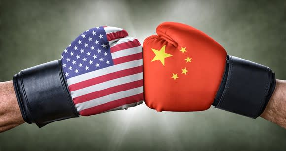 The hands of two different people wearing boxing gloves, with the US and China flags. The gloves are touching each other.