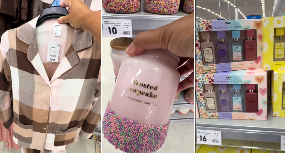 Popular Kmart Mother's Day offerings include pyjama sets, candles and dupe perfumes. Photo: TikTok/@amba_motto