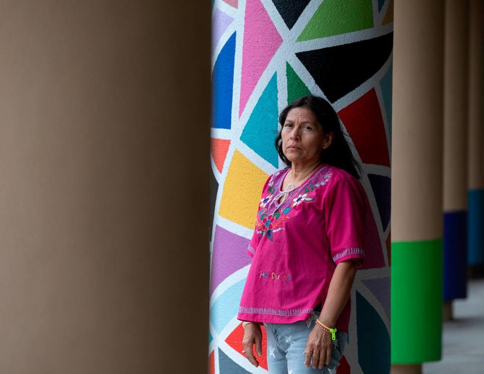 Nery Blandín, a community education worker at El Centro Hispano, is photographed in the Lakewood Plaza shopping center on Friday, Sept. 22, 2023, in Durham, N.C. Blandín’s car was broken into in the parking lot outside of the Latino nonprofit in September.