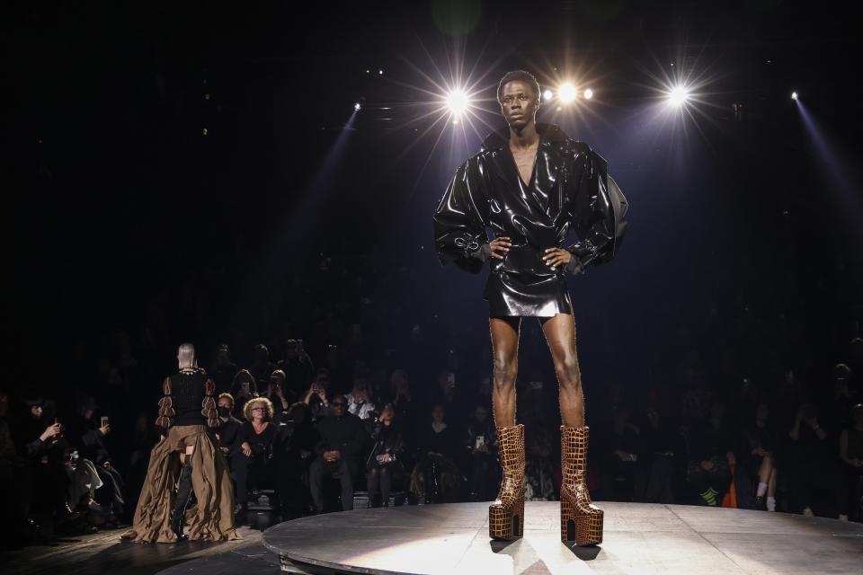 A model wears a creation for the Vivienne Westwood ready-to-wear Spring/Summer 2023 fashion collection presented Saturday, Oct. 1, 2022 in Paris. (Photo by Vianney Le Caer/Invision/AP)