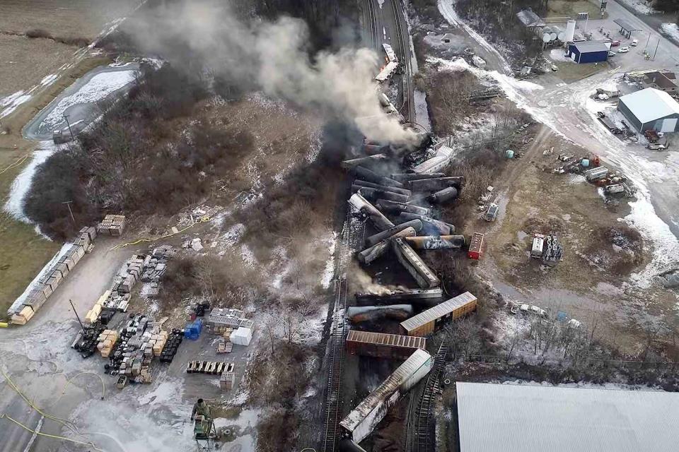 NTSB/Handout via Xinhua Aerial view of the train derailment in East Palestine, Ohio in 2023