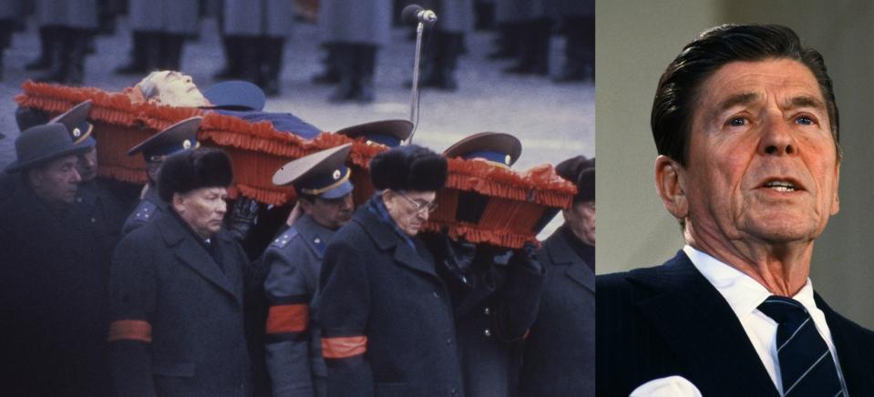 Communist party leaders and the Soviet state carry the coffin of their late President Leonid Ilyich Brezhnev during his funeral, in Moscow, Russia, November 15, 1982 and President Ronald Reagan. (Photos: Boris Yurchenko/AP, Bettman via Getty Images)