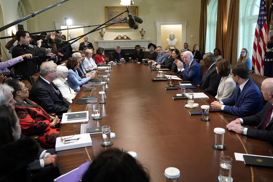 President Joe Biden speaks during a meeting with his Cabinet in the Cabinet Room at the White House in Washington, Tuesday, July 20, 2021. (AP Photo/Susan Walsh)