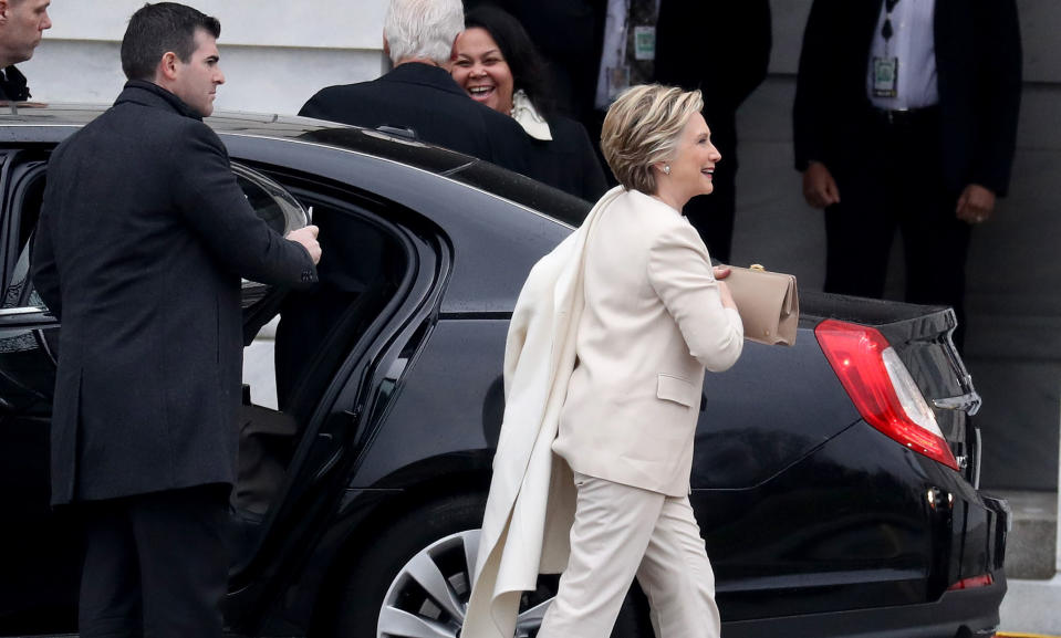 Hillary Clinton has made pantsuits her fashion signature after being photographed from below. (Photo: ROB CARR/AFP via Getty Images)