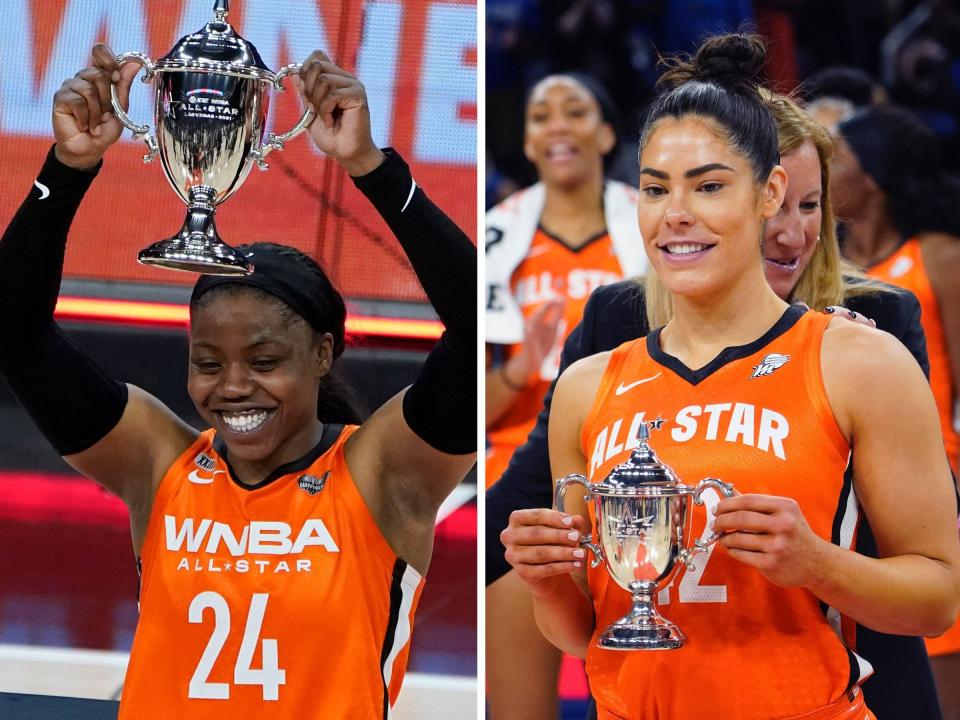 Arike Ogunbowale (left) and Kelsey Plum hold their WNBA All-Star Game MVP trophies.