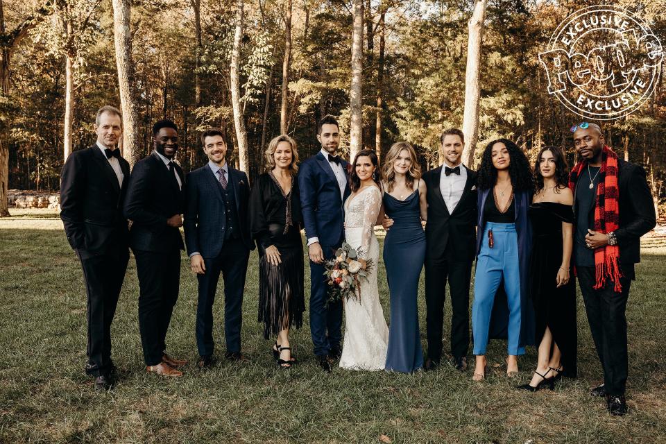 "They all made me cry the other day when they said goodbye to me 'cause they were like, 'The next time we see you, you'll be married!' " Stevens says of her costars, here with the bride and groom. "They just made me really emotional."