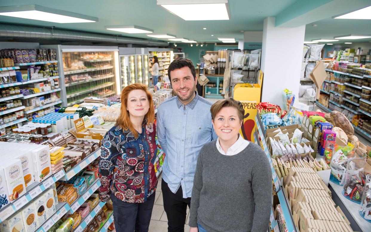 Ruth and Amy Anslow with Jack Simmonds: all are co-founders of hiSbe, a community-based grocery store in Brighton which borrows from Triodos - Simon Dack Photography