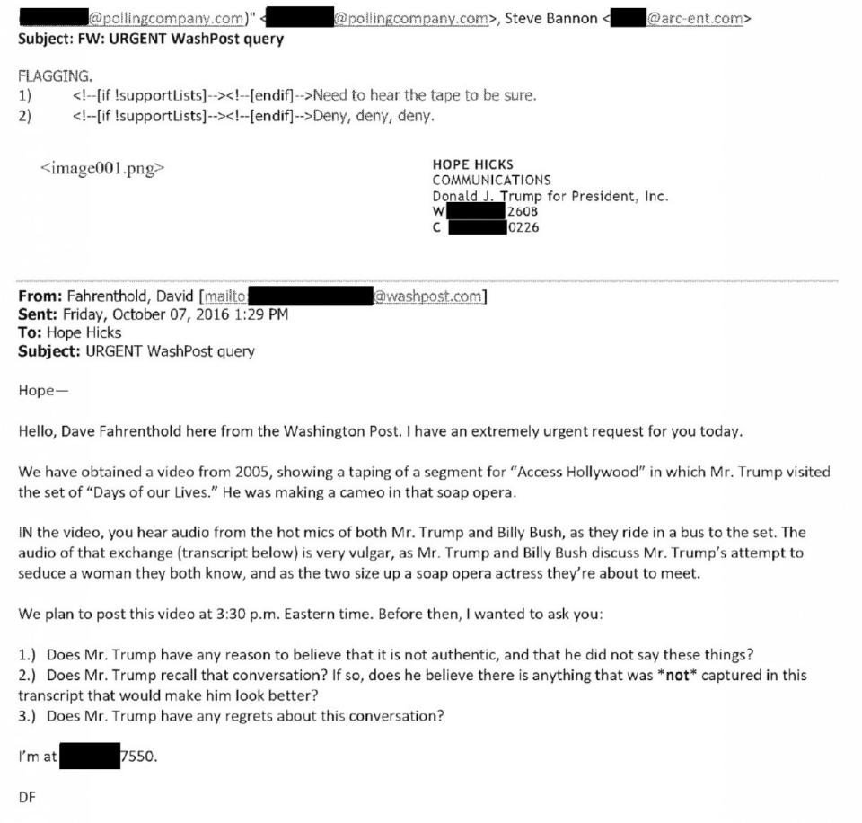 PHOTO: Hope Hicks forwarded an email from a Washington Post reporter who requested comment about the Access Hollywood tape on Oct. 7, 2016. (Manhattan District Attorney’s Office)