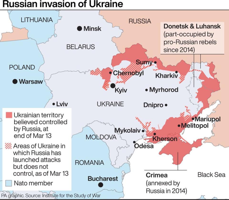 This map shows the extent of Russia’s invasion of Ukraine (Press Association Images)