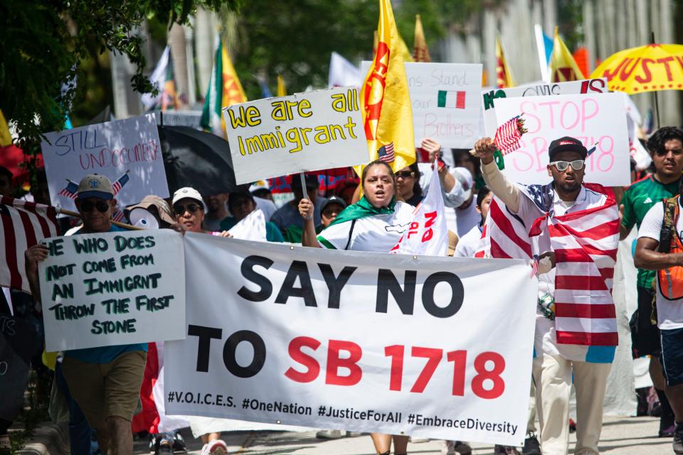 More than 300 protesters took to the streets of Fort Myers on Wednesday, June 28, 2023 to protest the SB-1718 bill that goes into effect Saturday.