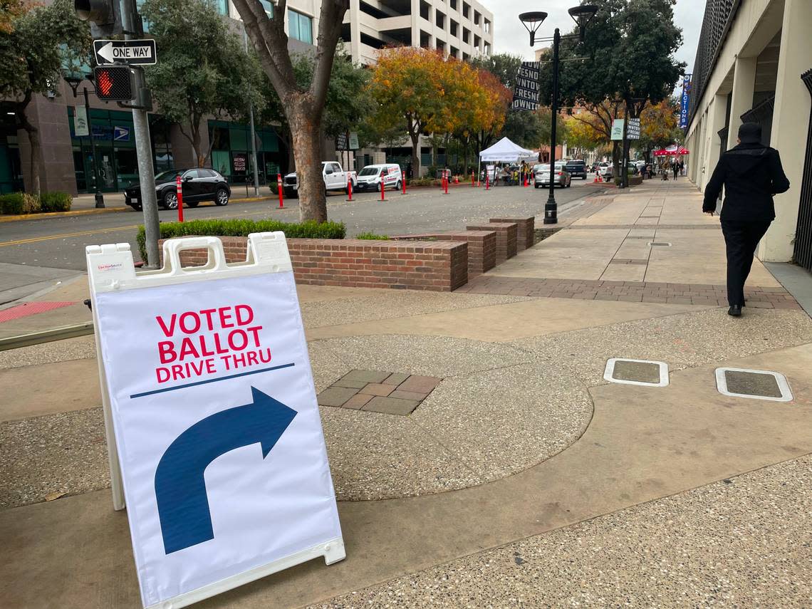 A drive-thru ballot drop off was set up outside the Fresno County election’s office Tuesday, Dec. 8, 2022.