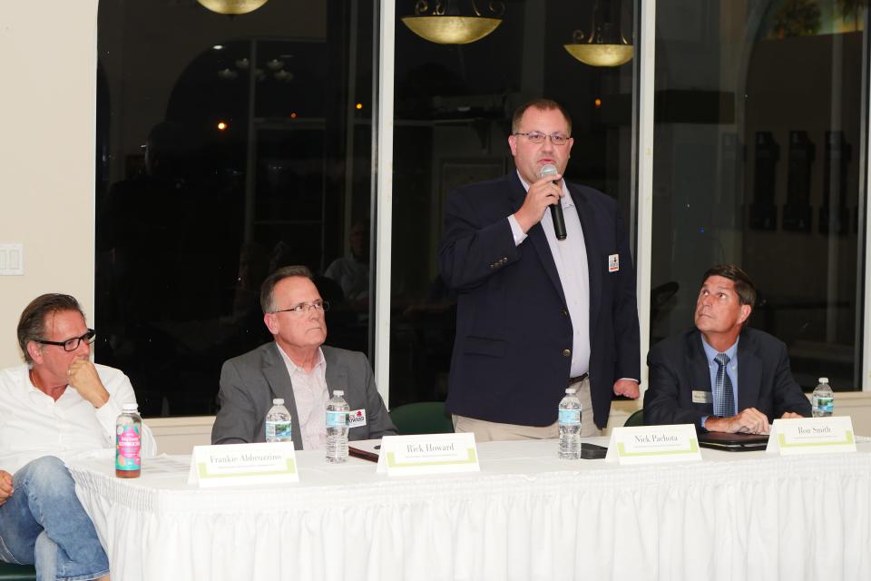Waterford hosted its forum for Venice City Council candidates Wednesday evening. Nick Pachota, a candidate for Seat 7, which is also the mayor, addresses the crowd. From left: mayoral candidate Frankie Abbruzzino, Seat 5 candidate Rick Howard, Pachota and Seat 5 candidate Ron Smith.