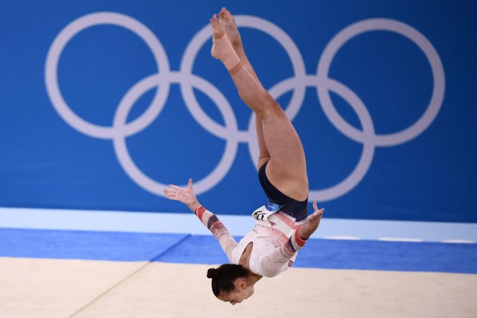 Great Britain's Jennifer Gadirova competes in the floor event of the artistic gymnastic women's qualification during the Tokyo 2020 Olympic Games at the Ariake Gymnastics Centre in Tokyo on July 25, 2021.<span class="copyright">Loic Venance—AFP via Getty Images</span>