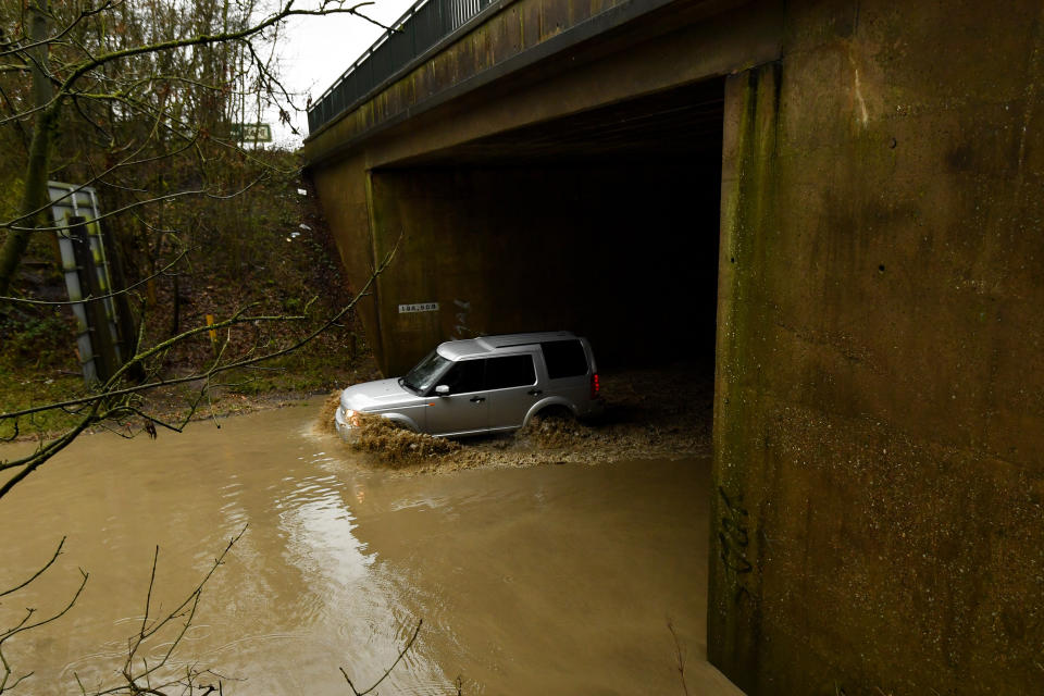 Flooding underneath the A46 at Six Hills Lane in Leicestershire. The Met Office has warned homes and businesses are likely to be flooded, causing damage to some buildings.