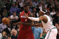 BOSTON, MA - JUNE 07: LeBron James #6 of the Miami Heat looks to pass in the first quarter against Paul Pierce #34 of the Boston Celtics in Game Six of the Eastern Conference Finals in the 2012 NBA Playoffs on June 7, 2012 at TD Garden in Boston, Massachusetts. NOTE TO USER: User expressly acknowledges and agrees that, by downloading and or using this photograph, User is consenting to the terms and conditions of the Getty Images License Agreement. (Photo by Jim Rogash/Getty Images)