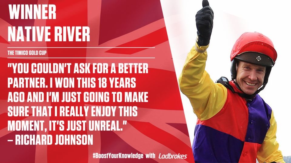 Champion Jockey Richard Johnson wins his first Gold Cup since piloting Looks Like Trouble to glory in 2000.