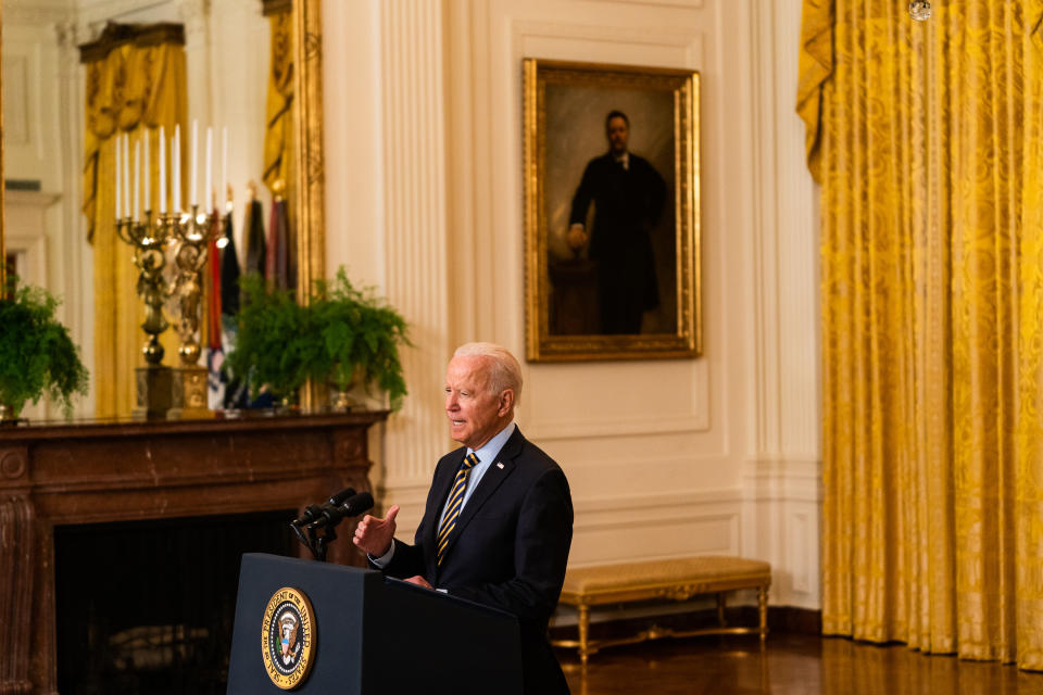 WASHINGTON, DC  July 8, 2021:

US President Joe Biden delivers remark regarding the Afghanistan drawdown in the East Room of the White House on July 8, 2021.

(Photo by Demetrius Freeman/The Washington Post via Getty Images)