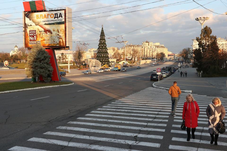 Downtown Tiraspol, a city in the separatist region of Transnistria in Moldova, in November 2021. <a href="https://media.gettyimages.com/photos/general-view-of-tiraspol-downtown-on-november-25-2021-in-tiraspol-picture-id1356348080?s=2048x2048" rel="nofollow noopener" target="_blank" data-ylk="slk:Alexander Hassenstein - UEFA/UEFA via Getty Images;elm:context_link;itc:0;sec:content-canvas" class="link ">Alexander Hassenstein - UEFA/UEFA via Getty Images</a>