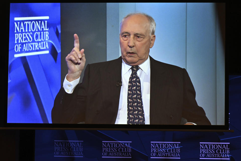 Former Australian Prime Minister Paul Keating appears by video link as he addresses the National Press Club in Canberra, Wednesday, March 15, 2023. Keating on Wednesday launched a blistering attack on his nation’s plan to buy nuclear-powered submarines from the United States to modernize its fleet, saying “it must be the worst deal in all history.” (Mick Tsikas/AAP Image via AP)