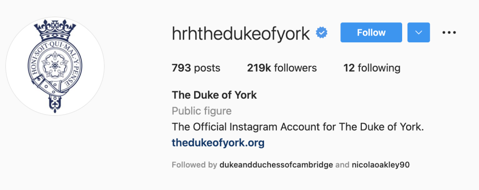 The duke's Instagram page is still live.