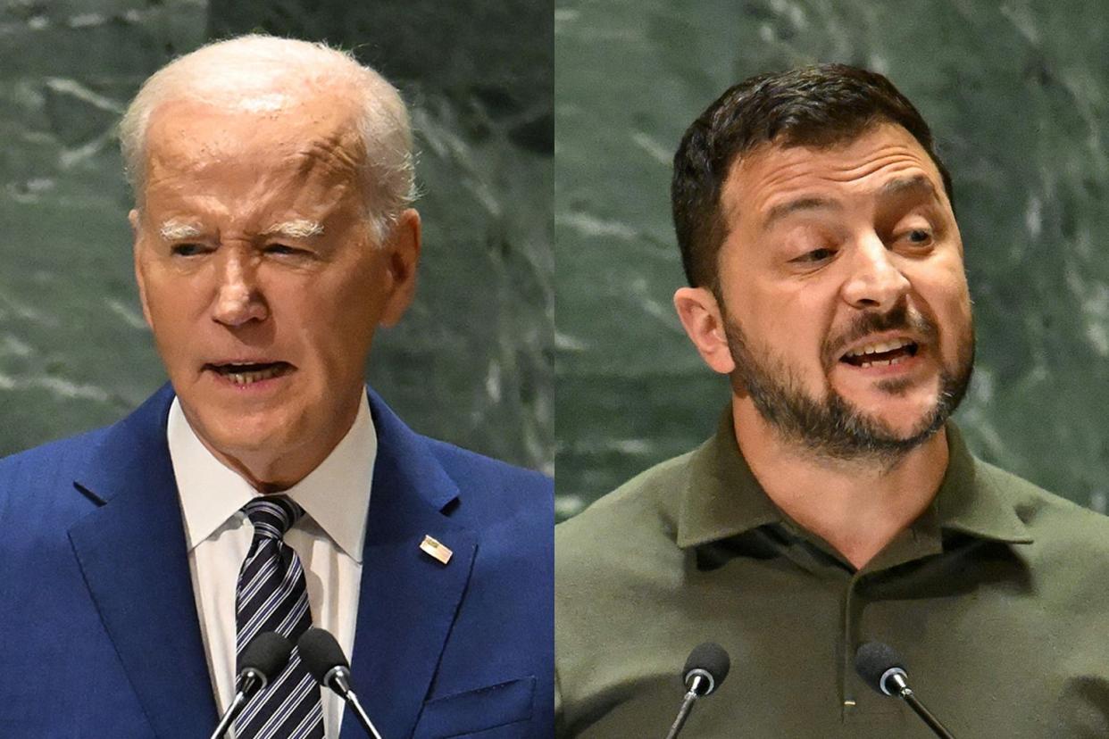 Joe Biden and Volodymyr Zelensky speaking at podiums at the U.N. General Assembly.