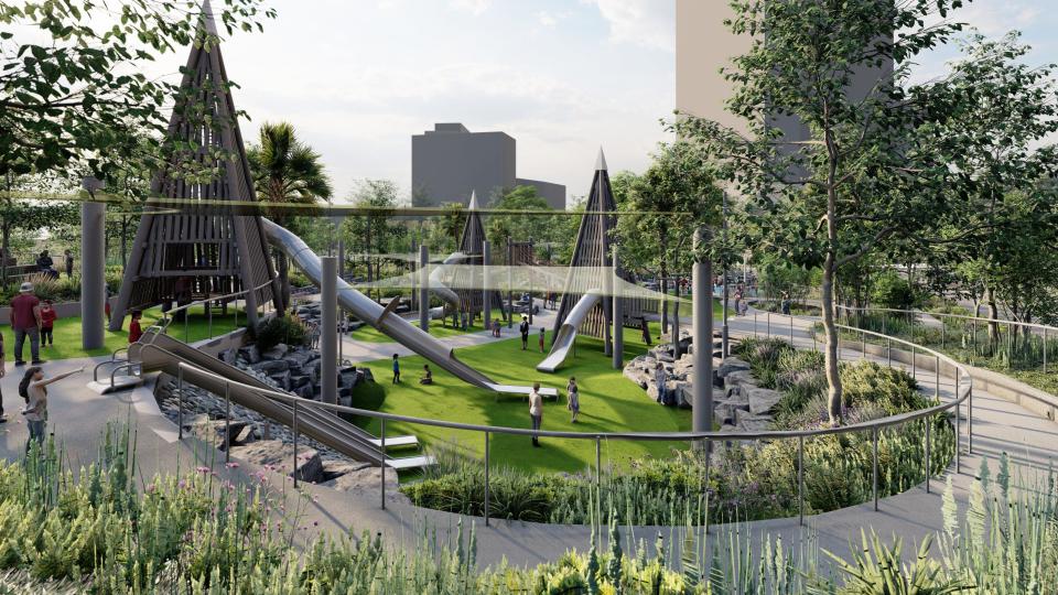 A playground with multiple slides is part of the proposed features for Riverfront Plaza, to be built on the former Jacksonville Landing site. Construction began last July and the DIA is apparently considering adding a waterfront restaurant to the site.