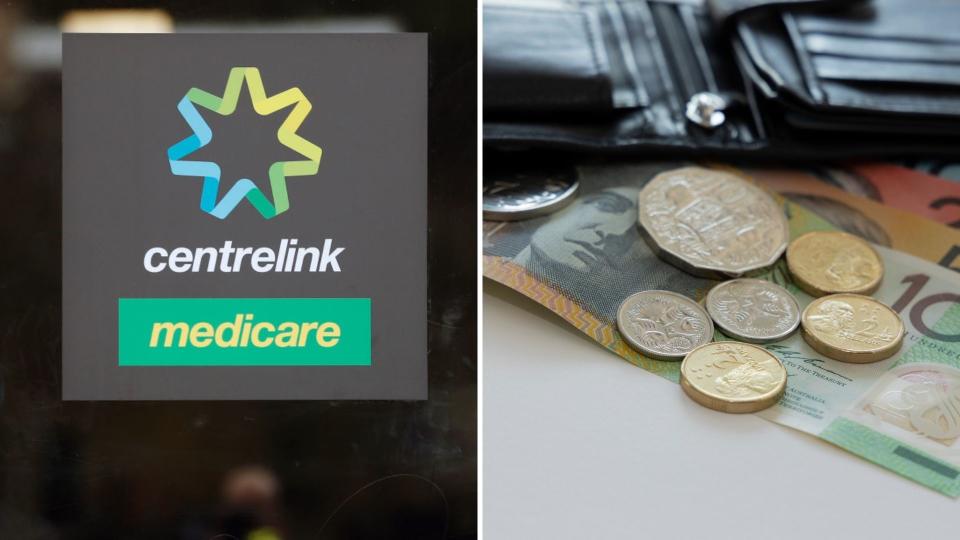 Centrelink, Medicare logo, wallet with Australian cash. 